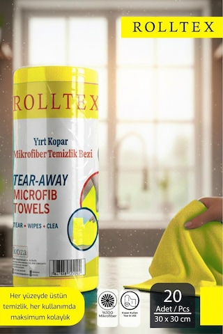 Rolltex Yırt Kopar %100 Mikrofiber Temizlik Bezi 30x30cm 20'li Sarı Renk Gri
