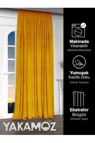 Yakamoz Kadife Görünüm Balpeteği Sarısı Ada Fon Perde Ekstraforlu Velvet Touch Serisi Balpeteği Sarısı Bal Peteği Sarısı