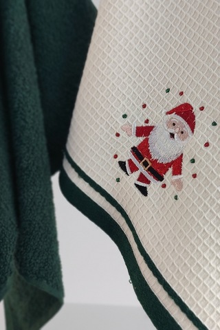 2'li Noel Baba Nakışlı Mutfak Havlusu-%100 Pamuk Yılbaşı Hediyesi Koyuyesıl Koyu Yeşil