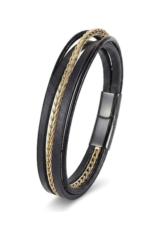 Moncuk Design Gold Çelik Zincir Detaylı Çoklu Deri Erkek Çelik Bileklik 33514b18d1 Çok Renkli
