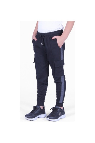 Yanı Şeritlii Kargo Cepli Erkek Çocuk Eşofman Altı Siyah