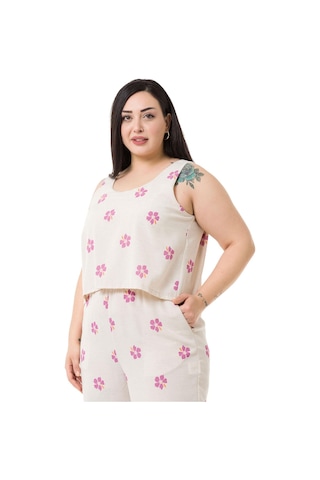 Büyük Beden Kalın Askılı Fermuarlı Beli Lastikli Pembe Çiçekli Kadın Tulum