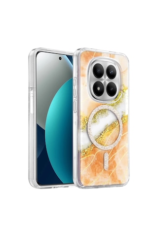 Onegif Xiaomi Redmi Note 15 Pro Plus 5g Uyumlu Lotus Simli Magsafe Kapak - Turuncu Çok Renkli
