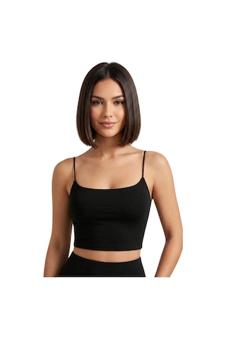 Mrm Pro Kadın Siyah İp Askılı Crop Atlet Esnek Fit Nakışlı Crop Top Büstiyer Ön Kısım Çift Siyah Siyah