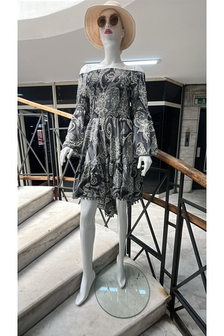 Eren Style Yapraklı Desenli Madonna Yaka İpek Elbise-10348 Gri