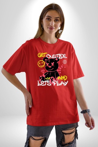 Dışarı Çık Ve Oynayalım Teddy Pamuklu Bisiklet Yaka Unisex Oversize Boyfriend Dijital Baskılı Kırmızı T-shirt Kırmızı