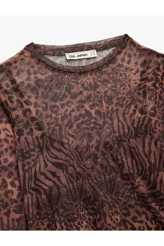 Koton Slim Fit Uzun Kollu Leopar Baskılı Tül Tişört Kahverengi Desenli 6wal10436ık Kahverengi Desenli