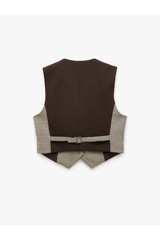 Koton Kruvaze Düğmeli Ekose Crop Blazer Yelek Kahverengi Ekose 6sak20062ew Kahverengi