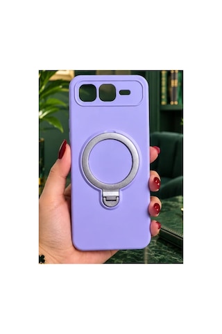 İnfinix Smart 10 Plus İle Uyumlu 360 Derece Dönebilen Kalın Metal Magsafe Halka Stantlı İçi Kadife Korumalı Ultra Lüx Premium Silikon Kılıf Lila