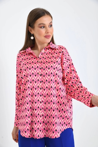 Fuşya Desenli Oversize Uzun Kol Basic Saten Gömlek 001