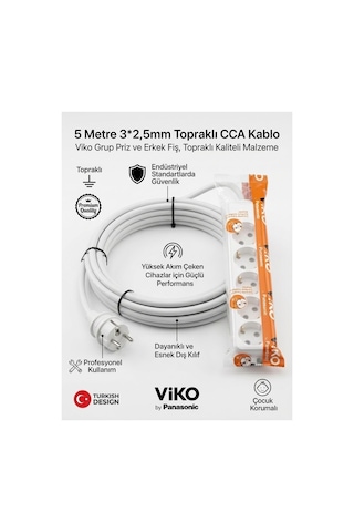 Viko 5'li Grup Priz, 5 Metre Uzatma Kablosu, 3x2,5mm Kalın Cca Kablo - Premium Kalite, Çocuk Korumalı, Terminal Ve Klemens Bağlantılı 5 M