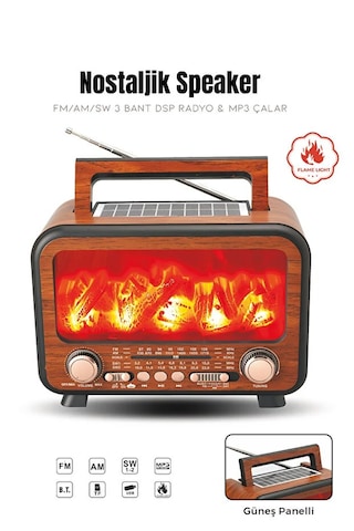 Güneş Enerjili Nostaljik Alev Efektli Şömine Tasarım Bluetooth Hoparlör Radyo