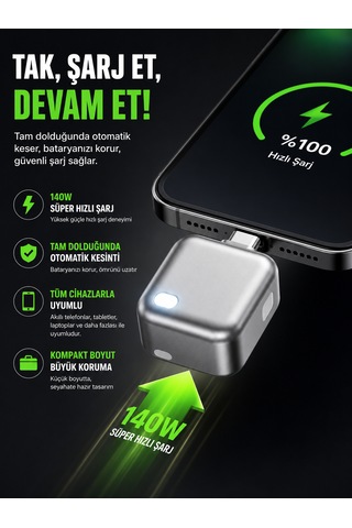 140w Type-c Hızlı Şarj Adaptörü Yapay Zeka Akıllı Şarj Kesme Çift Akım Korumalı Otomatik Kesinti