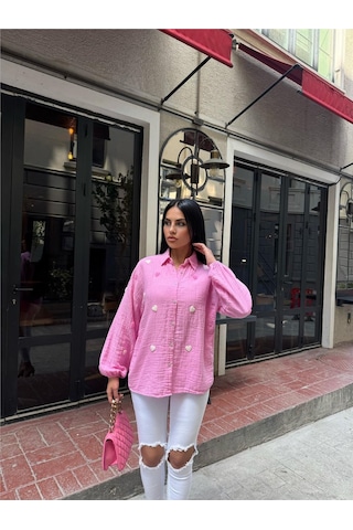WeShaya Pembe Müslin Nakışlı Viskon Gömlek Pembe