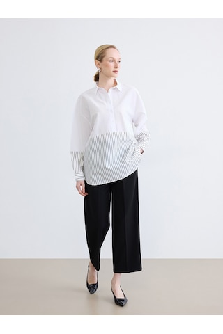LC Waikiki Lc Waıkıkı Gri Çizgili Oversize Kadın Gömlek Tunik