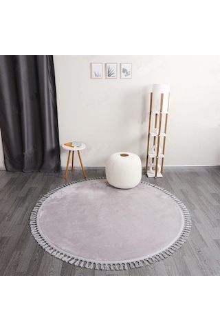 Açık Gri Fluffy Düğüm Saçaklı Yuvarlak Post Peluş Kaymaz Taban