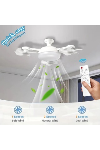 Boatshop1 Üç Beyaz Fan Led Akıllı Tavan Fanı Lambası E27 E26 Soket Uzaktan Kumanda Ayarlanabilir Parlaklık 3 Hız Yatak Oturma Çalışma Odası