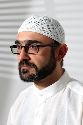 Makine Örgüsü Dantel Detaylı Namaz Takkesi Beyaz Beyaz