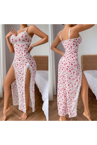 Kadın Seksi Gecelikler Kiraz Baskılı Dantel Detaylı Derin V Yaka Gömlek Gecelik Şeffaf Yan Yırtmaçlı Gecelik Beyaz