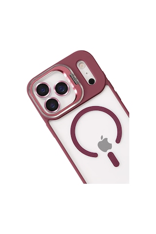 Joko - 750 - Apple Uyumlu iPhone 17 Pro Max Remim Lensli Magsafe Standlı Kapak - Csmo-tex - - Bordo