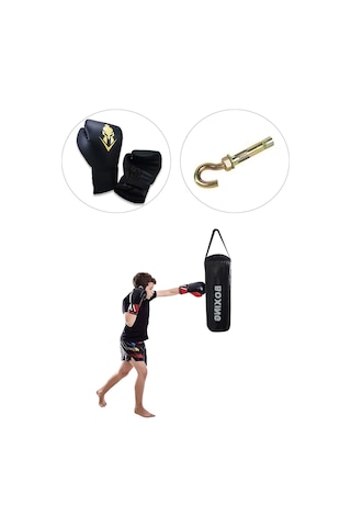 Çocuk Siyah Boks Seti 53 x 20 CM Boks Torbası + Boks Eldiveni Siyah