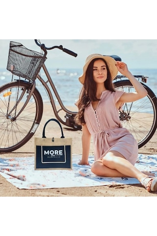 Moresun Organik Jüt Keten Kadın Çanta Orta Boy Tote El Ve Omuz Çantası -tablet & Telefon Cepli, Günlük Plaj Alışveriş Çantası 35x30x14 Cm Bej - Siyah