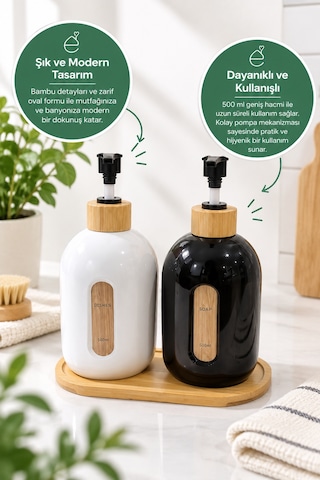 Evonıta 2 Li 500 Ml Bambu Detaylı Sıvı Sabunluk Ve Deterjanlık Seti Siyah Beyaz Pompalı Dispenser Bambu Standlı Beyaz - Siyah