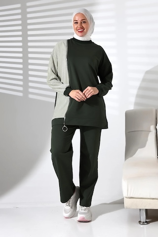 Kadın Mevsimlik Alt Üst Rahat Haki Spor Ikili Tunik Pantolon Şık Tesettür Takım Haki