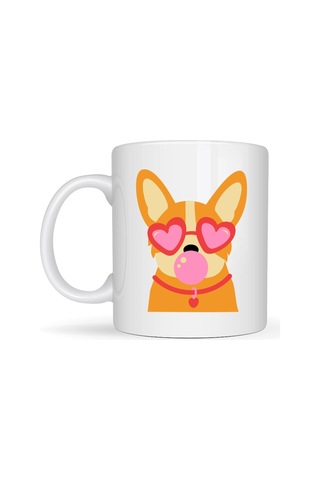 Sevimli Corgi Desenli Porselen Kupa Model 44 Kalpli Gözlüklü Köpek Tasarımlı, Eğlenceli & Hediye F