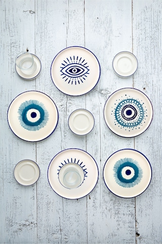 Kevin Seramik Hand Made Nazar Boncuklu Kahvaltı Takımı - Çay Seti 18 Parça 6 Kişilik Mavi