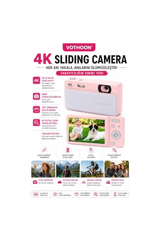 Dijital Kamera 4k Hd 48mp 8x Zoom Flaşlı Kayar Retro Video Kamera 2.4 Ekran 64gb Sd Kart Hediyeli Pembe