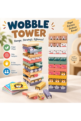Topbright Wobble Tower Ahşap Denge Kulesi Hayvan Figürlü Eğitici Çocuk Oyunu Kartlı Ve Zarlı