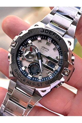 Joefox Çelik Kordon Dijital Ve Analog 2 Yıl Garantili 3 Atm Suya Dayanıklı Erkek Kol Saati Joe.cl09 Gümüş