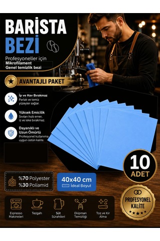 Profesyonel Mikrofilament Mavi Barista Genel Temizlik Bezi 40 40cm 10'lu Paket Profesyonel Mikrofilament Mavi Barista Genel Temizlik Bezi 40 40cm 10'lu Paket