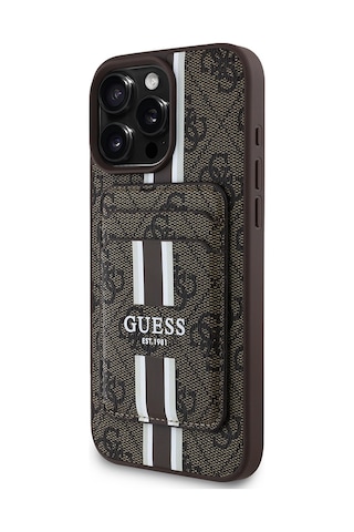 Apple Uyumlu iPhone 16 Pro Max Kılıf Guess Lisanslı Magsafe Özellikli 4g Desenli Çizgili Kartlıklı Kahverengi