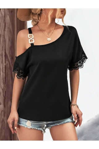 Kadın Tek Omuzu Askılı Kısa Kollu Toka Detaylı Dantelli Viskon Bluz Siyah