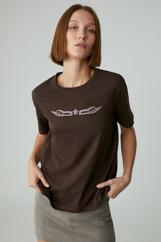 GRIMELANGE Cherıe Kadın Crop Taşlı Yuvarlak Yaka Kahverengi T-shirt Kahverengi