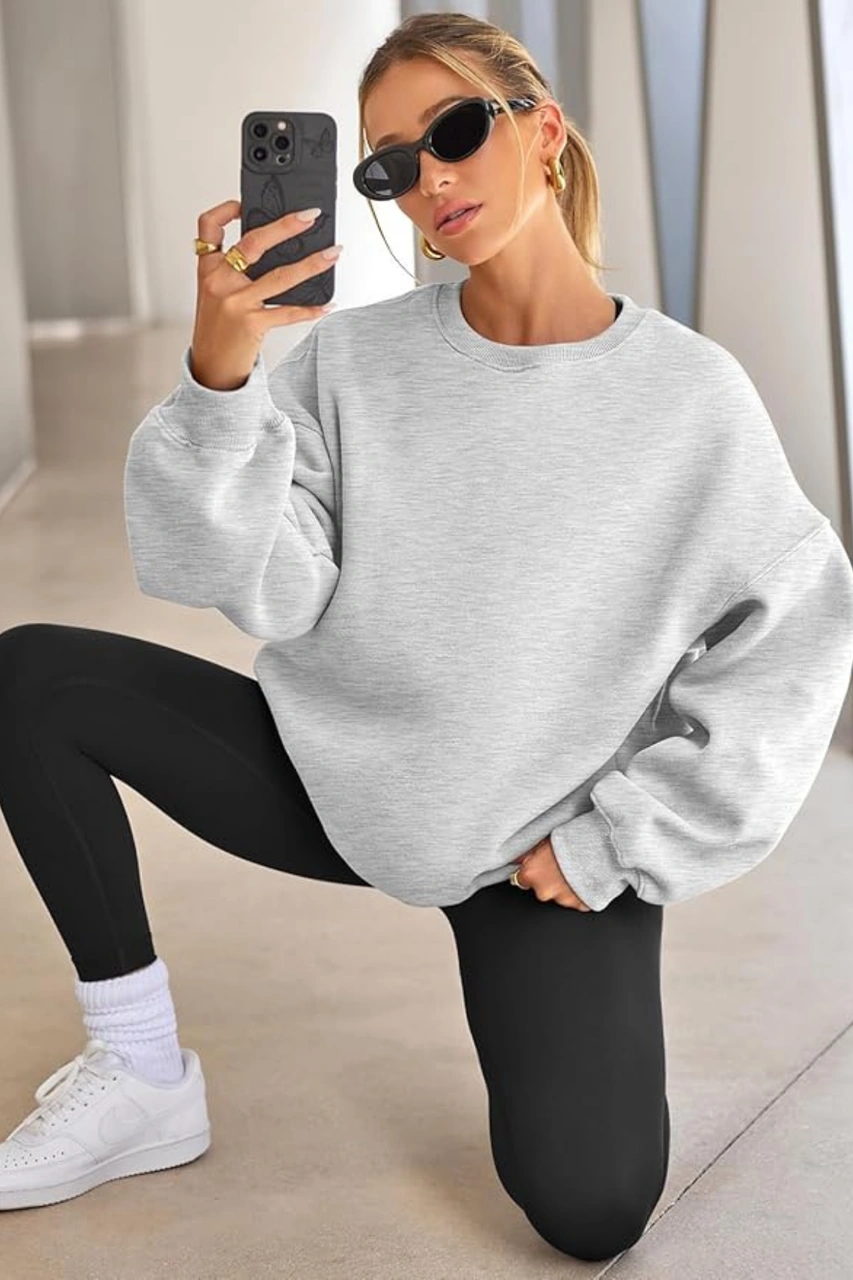 Genıus Store Kadın Sweatshirt Oversize Geniş Kalıp İçi Şardonlu Bisiklet Yaka Oversize Sweatshirt Kadın-sweatshırt Gri