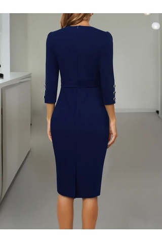 Nnstartshopping Kadın Uzun Kollu Düğme Detaylı Kendinden Kemerli Ithal Krep Elbise Lacivert