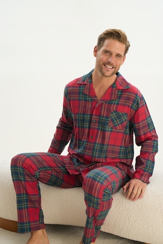 Erkek Uzun Kol Gömlek Yaka Önden Düğmeli Kırmızı Pijama Takım C1t5n5o9 001