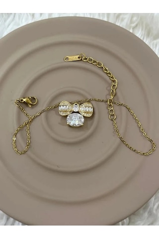 Premium Gold Renk 316l Çelik Fiyonk Detaylı Şık Ve Parlak Taşlı Halhal 25cm Altın