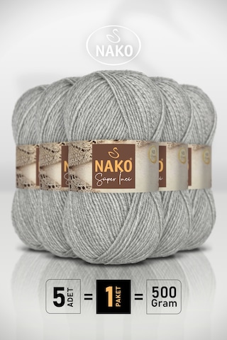 Süper İnci - 195 Açık Gri - 5'li Paket - 100gr/260m - El Örgü İpi - Atkı Yelek Kazak İpi