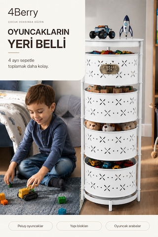 4 Katlı Metal Çok Amaçlı Düzenleyici Sepet Mutfak Sebzelik, Oyuncak, Banyo Ve Ev Organizeri Beyaz