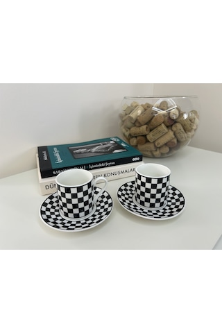 Siyah Beyaz Porselen Fincan Takımı - 2 Kişilik Damalı
