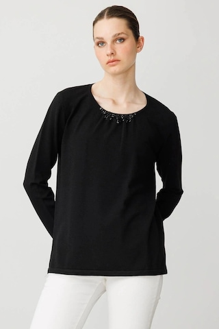 Desen Triko Sıfır Yaka Dantel Çiçek İşlemeli Kadın Bluz 25093 Siyah