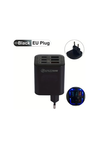 Honeybeeshop Xjdr 50w Hızlı Şarj Cihazı Siyah 6 Portlu Duvar Şarj Adaptörü Gösterge Işıkları Siyah