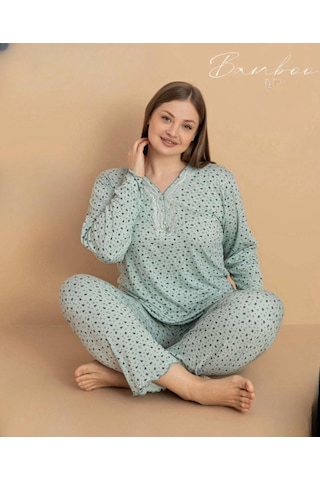 Pijamerry Kadın Büyük Beden Dantel Yaka Bambu Uzun Kol İnce Pijama Takımı 5670 - 1 Adet Yeşil