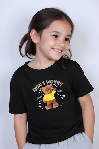 Panios Kids Worry Bear Baskılı Kız Çocuk Kısa Kollu T-shirt Siyah