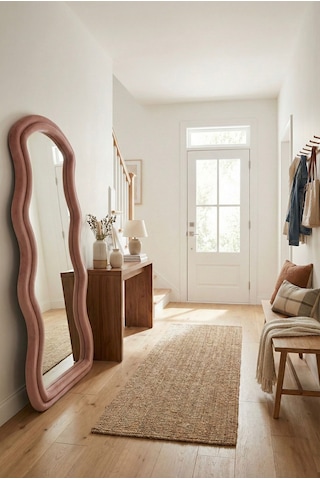 Ayaklı Kumaşlı Boy Aynası - Modern Dalgalı Tasarım Büyük Boy Ayna 182x87 Cm Pembe