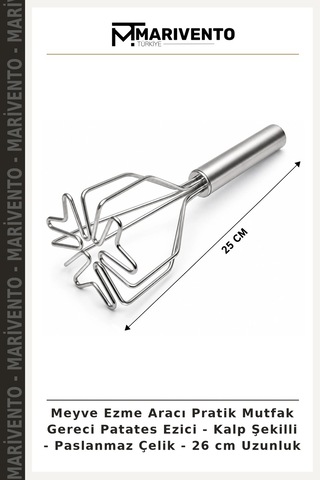 Meyve Ezme Aracı Pratik Mutfak Gereci Patates Ezici - Kalp Şekilli - Paslanmaz Çelik - 26 Cm Uzunluk